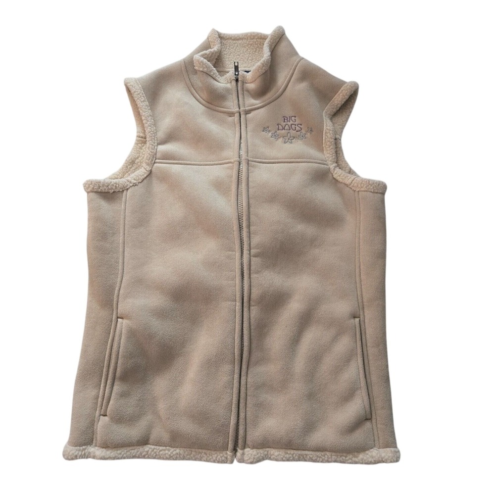 Big Dogs Fleece Lined Vest Tan Sherpa Trim Full Zip Embroidered Logo Size Medium
